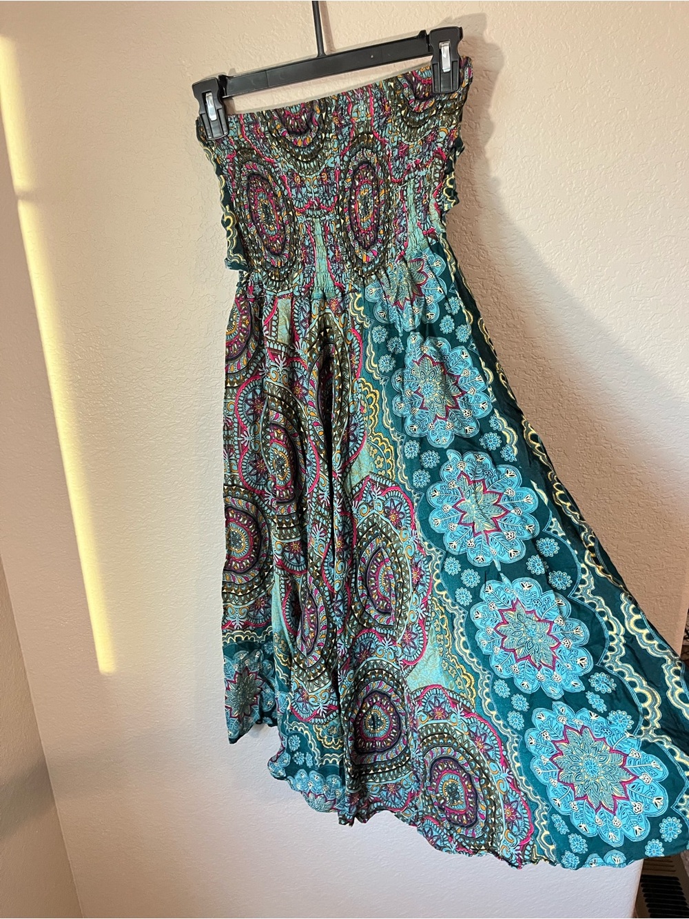 Jane Josef XS Boho Strapless Maxi Dress Teal Paisley Mandala Festival - Picture 1 of 10